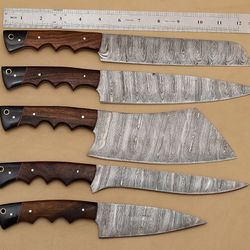 handmade damascus steel chef knife set of 5 | wood handle | outdoor kitchen, hunting & survival knives