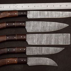 handmade damascus steel chef knife set of 5 | rose wood handle | outdoor kitchen, hunting & survival knives