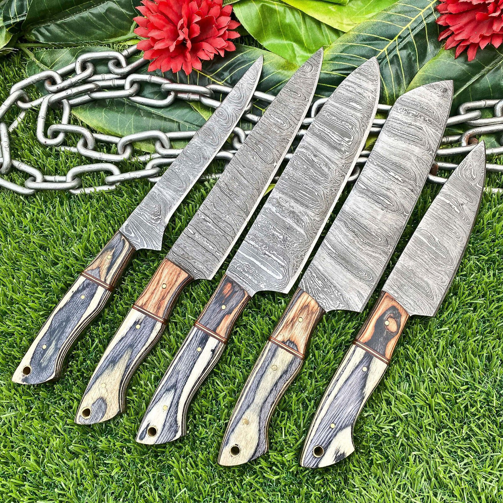 Lot Of 5 Custom Handmade Damascus Steel Chef Knife Set Full Tang Kitchen Knives With Hardwood Hand 1