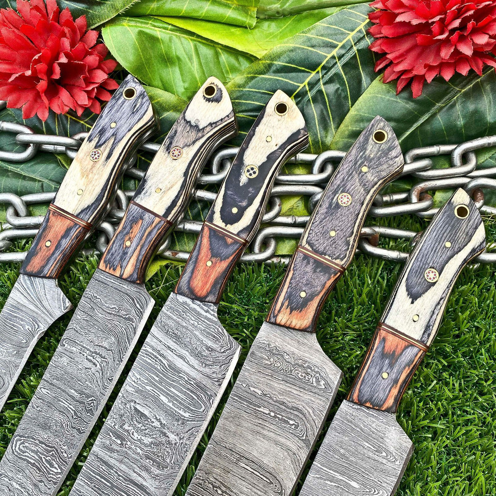 Lot Of 5 Custom Handmade Damascus Steel Chef Knife Set Full Tang Kitchen Knives With Hardwood Hand 2