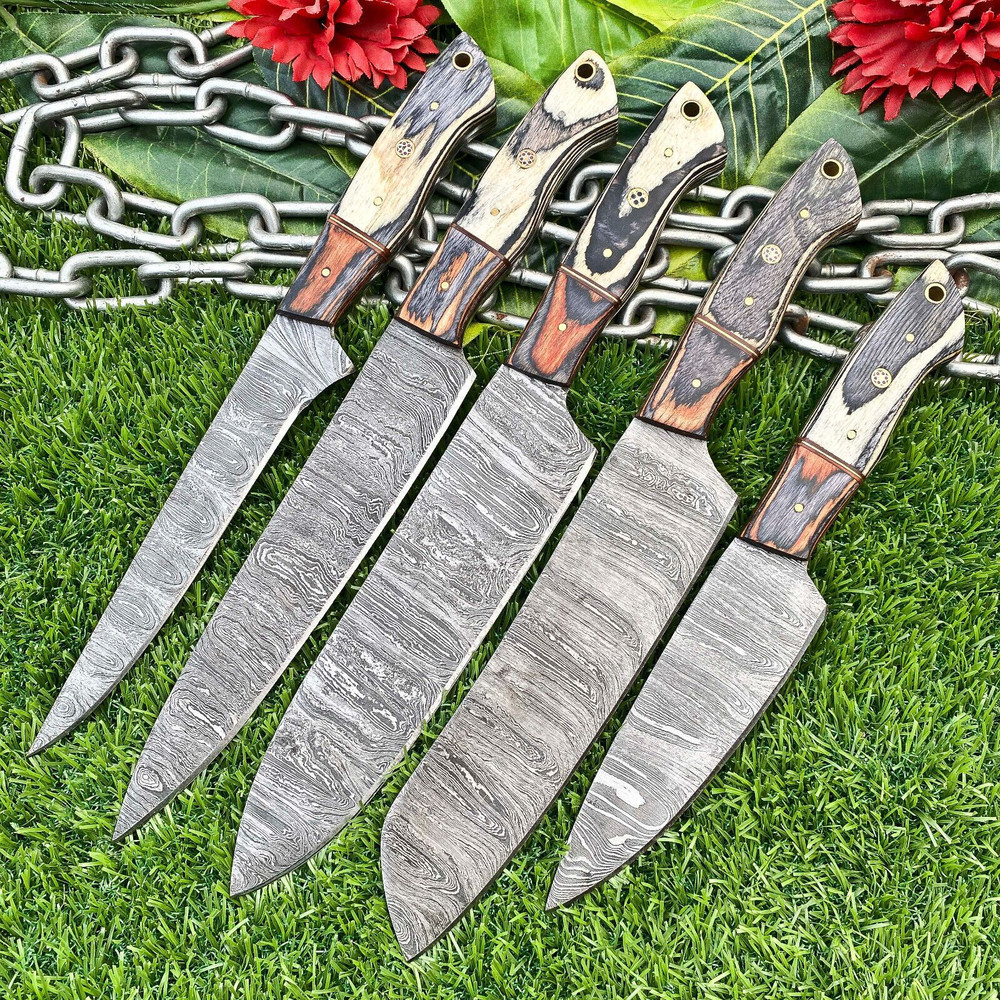 Lot Of 5 Custom Handmade Damascus Steel Chef Knife Set Full Tang Kitchen Knives With Hardwood Hand 0