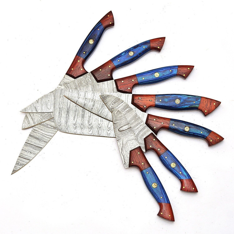 Handmade Damascus Steel 7Piece Chef Knife Set Outdoor Kitchen Knives With Pakka Wood Handles Leat 2