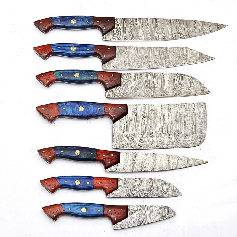 Handmade Damascus Steel 7Piece Chef Knife Set Outdoor Kitchen Knives With Pakka Wood Handles Leat 3