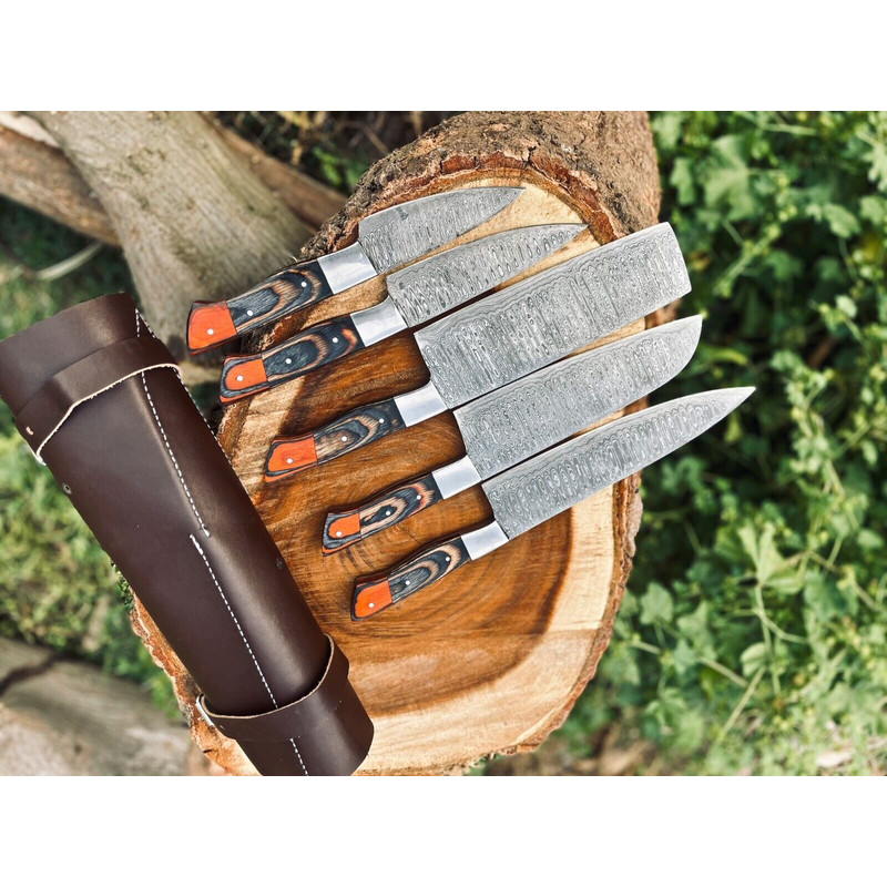 Custom Handmade Damascus Steel Kitchen Chef Knife Set With Wood Handles Leather Roll Bag 5Piece H 2