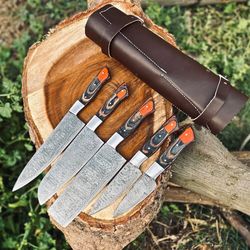 custom handmade damascus steel kitchen chef knife set with wood handles & leather roll bag – 5-piece hand forged