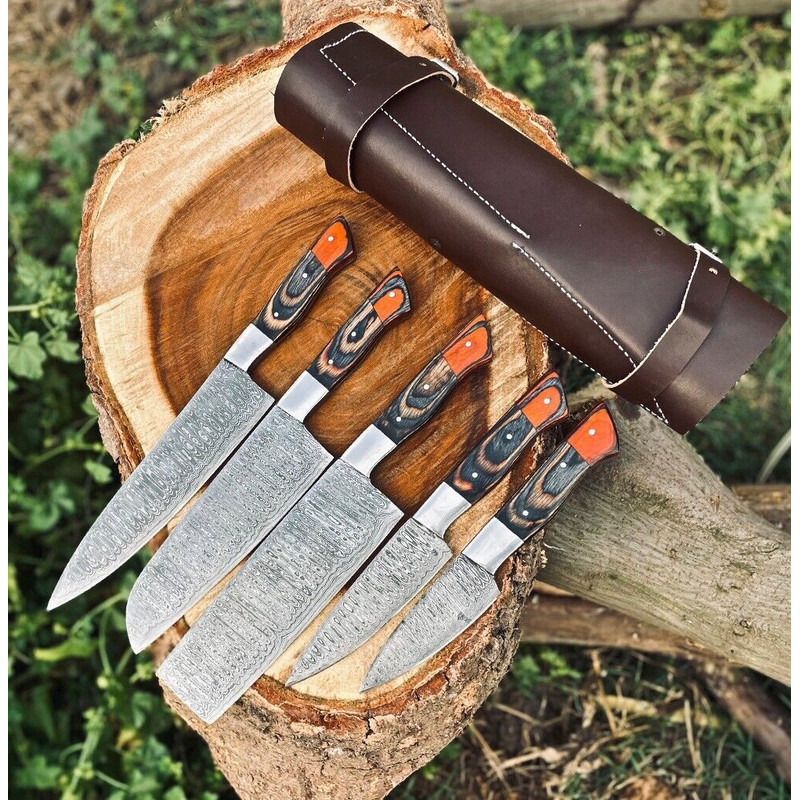 Custom Handmade Damascus Steel Kitchen Chef Knife Set With Wood Handles Leather Roll Bag 5Piece H 0