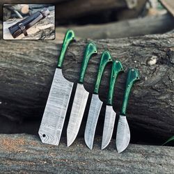 custom handmade damascus steel kitchen chef knife set with wood handles & leather roll bag