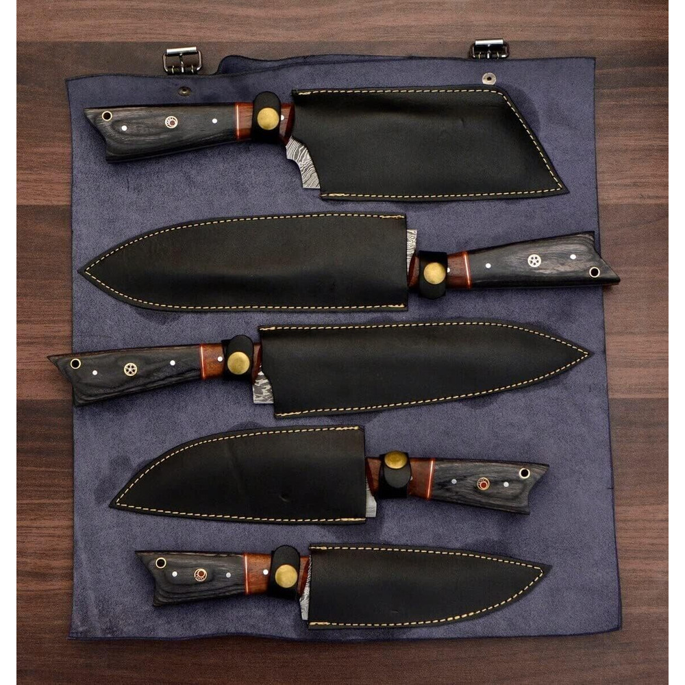 Set Of 5 Handmade Damascus Steel Chef Knives Custom Hand Forged Kitchen Knife Set With Leather Rol 2