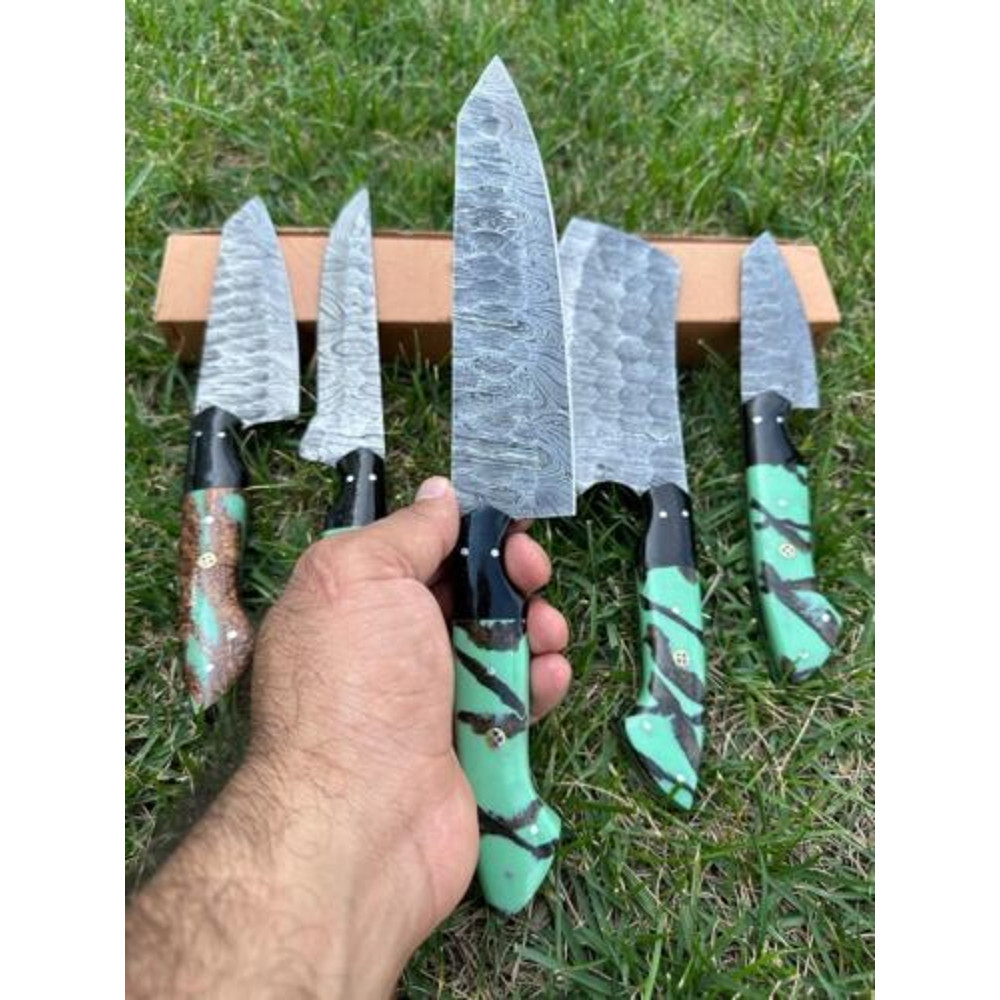 Custom Handmade Damascus Steel Chef Knife Set 5Piece Full Tang Kitchen Cutlery With Wooden Handle 1