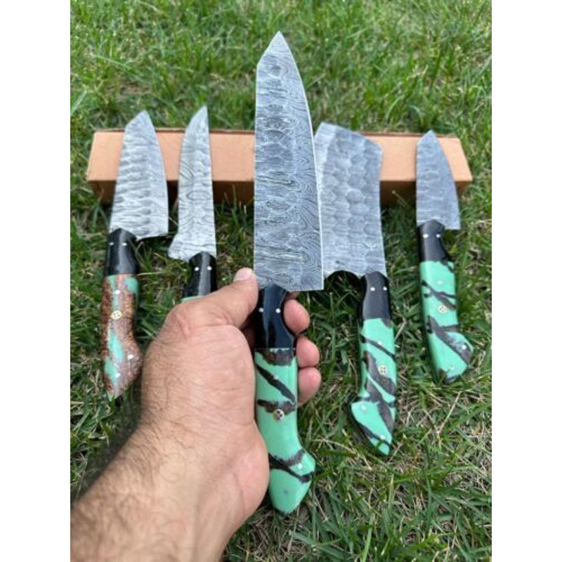 Custom Handmade Damascus Steel Chef Knife Set 5Piece Full Tang Kitchen Cutlery With Wooden Handle 1