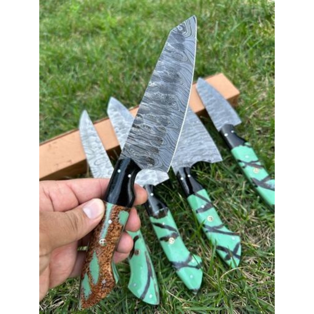 Custom Handmade Damascus Steel Chef Knife Set 5Piece Full Tang Kitchen Cutlery With Wooden Handle 2