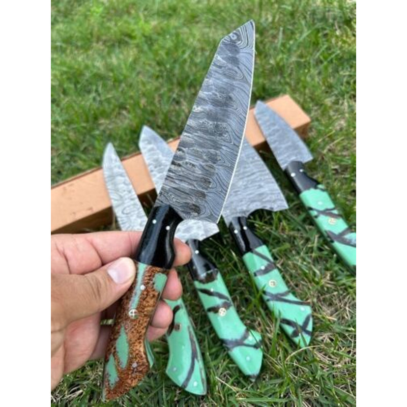 Custom Handmade Damascus Steel Chef Knife Set 5Piece Full Tang Kitchen Cutlery With Wooden Handle 2