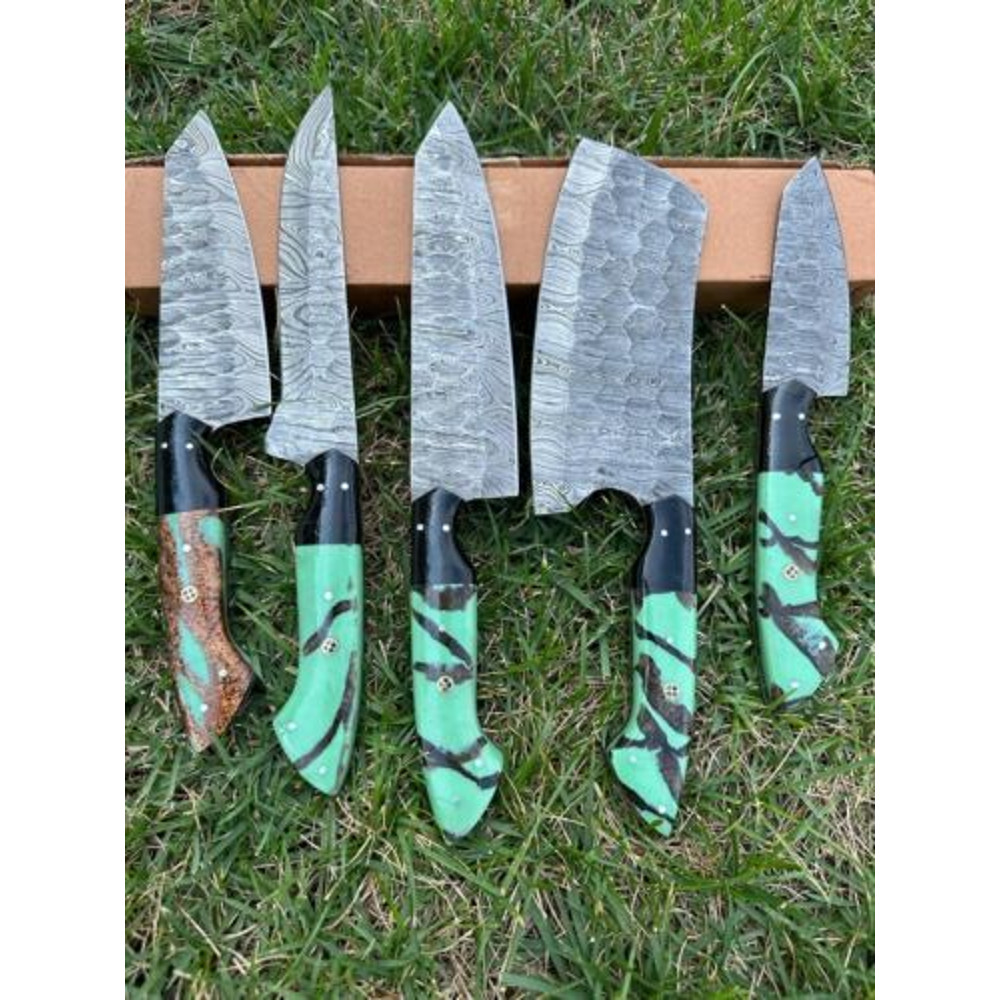 Custom Handmade Damascus Steel Chef Knife Set 5Piece Full Tang Kitchen Cutlery With Wooden Handle 0
