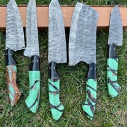 custom handmade damascus steel chef knife set | 5-piece full tang kitchen cutlery with wooden handle