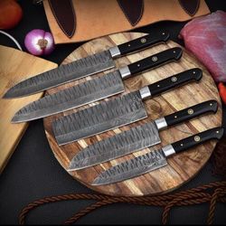 custom handmade forged damascus 5-piece kitchen chef knife set with sheath
