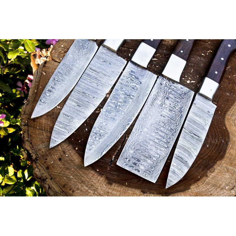 Handmade Hand Forged Damascus Steel BBQ Chef Kitchen Knife Set 5Piece With Leather Sheath 1