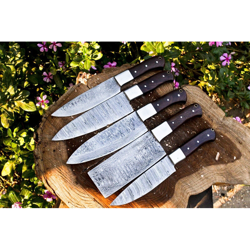 Handmade Hand Forged Damascus Steel BBQ Chef Kitchen Knife Set 5Piece With Leather Sheath 2