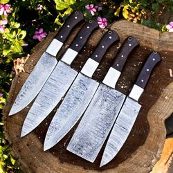 handmade hand forged damascus steel bbq chef kitchen knife set | 5-piece with leather sheath
