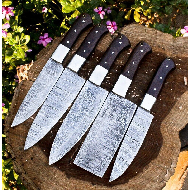 Handmade Hand Forged Damascus Steel BBQ Chef Kitchen Knife Set 5Piece With Leather Sheath 0