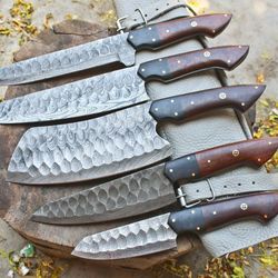 handmade hand forged damascus steel bbq chef kitchen knife set with leather sheath | custom 384 layer steel