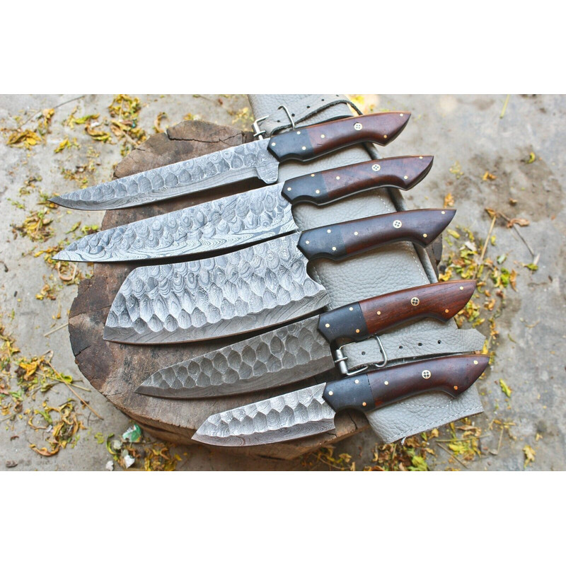 Handmade Hand Forged Damascus Steel BBQ Chef Kitchen Knife Set With Leather Sheath Custom 384 Laye 0