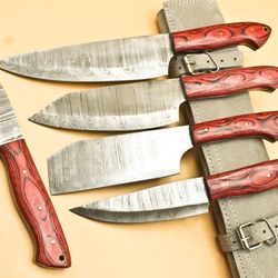 handmade hand forged damascus steel bbq chef kitchen knife set with leather sheath – 384 layers high carbon steel