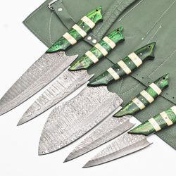 handmade hand forged damascus steel bbq chef kitchen knife set with leather sheath – 384 layer high carbon blades