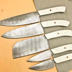 an amazing hand forged damascus steel bbq chef kitchen knife set | 100% handmade with leather sheath