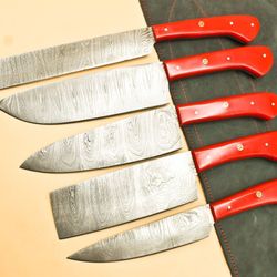 handmade hand forged damascus steel bbq chef kitchen knife set with leather sheath – 5 pcs professional cutlery