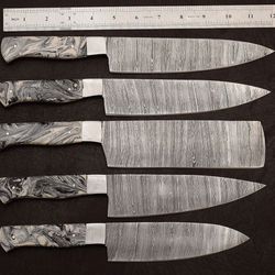 handmade damascus steel 5-piece outdoor kitchen chef knife set with resin art handle & leather sheath