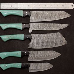 handmade damascus steel outdoor kitchen chef knife set 5 pcs with resin art handle & leather sheath