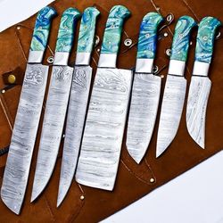 handmade damascus steel chef knife set | 5 pcs outdoor kitchen & cooking knives with corian handle, brass & mosaic pins