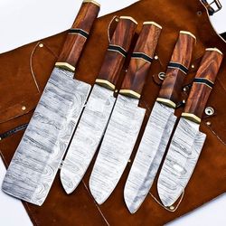 entire world handmade damascus steel kitchen chef knife set | lot of 5 with wood handle & leather sheath