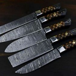 rare handmade damascus steel kitchen chef knife set | snake wood handle with custom walnut wood & leather sheath