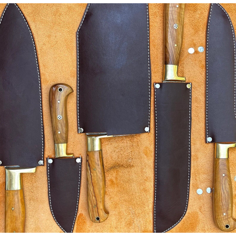Olive Wood Chef Knife Set Handmade Damascus Steel 5 Pcs Professional Kitchen Knives With Leather R 1
