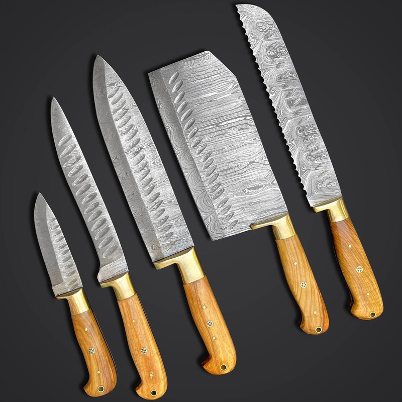 Olive Wood Chef Knife Set Handmade Damascus Steel 5 Pcs Professional Kitchen Knives With Leather R 2