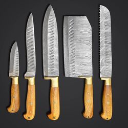 olive wood chef knife set | handmade damascus steel 5 pcs professional kitchen knives with leather roll
