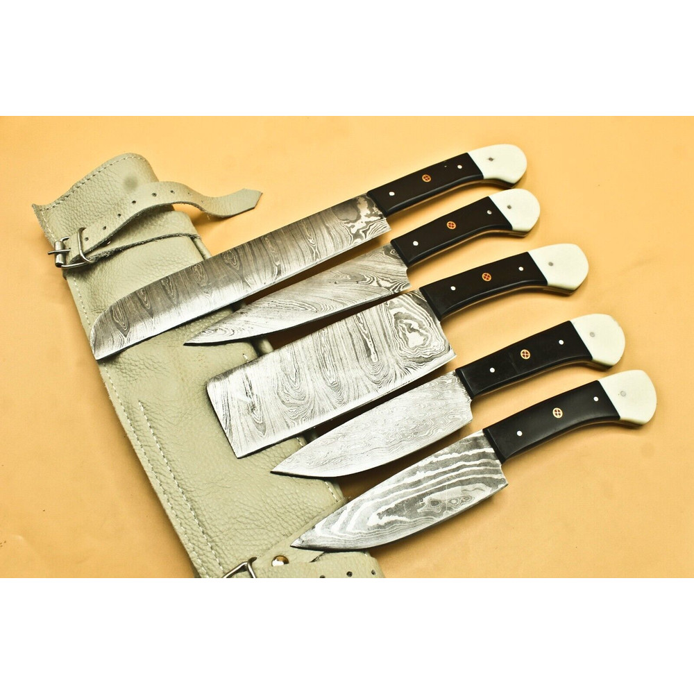 Custom Handmade Damascus Chef Knife Set Of 5 Twisted Pattern 512 Layers With Bull Horn Handle Lea 0