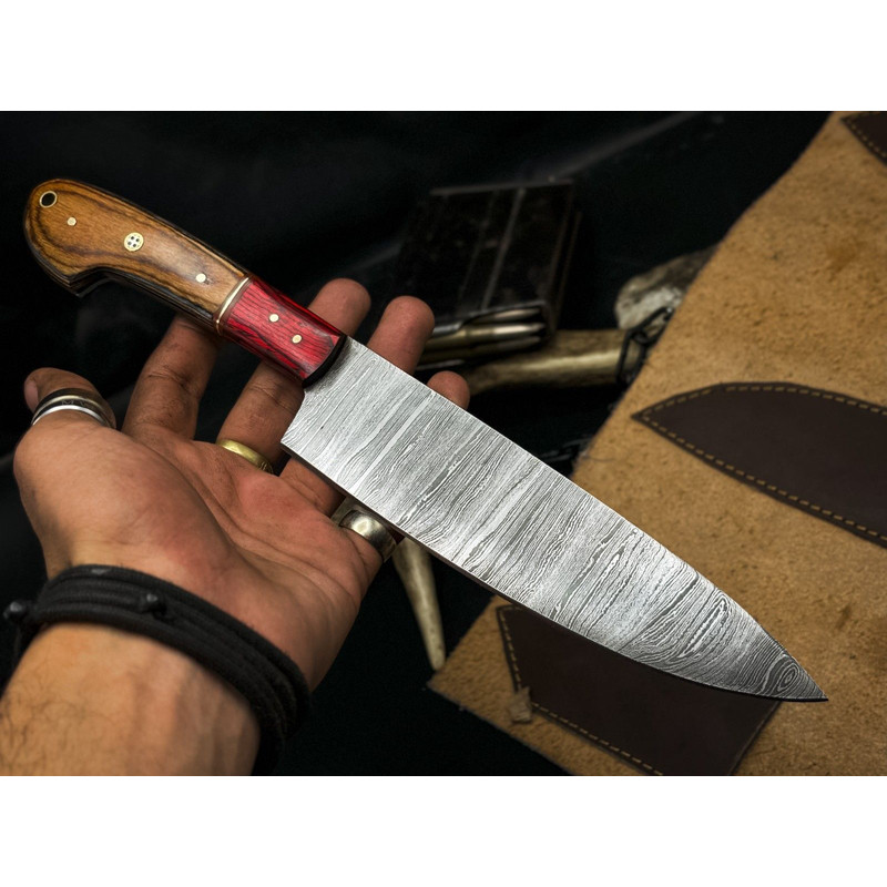 Handmade Damascus Steel Chef Knife Set Of 5 Wooden Bolster Full Tang Knives With Sheath 3