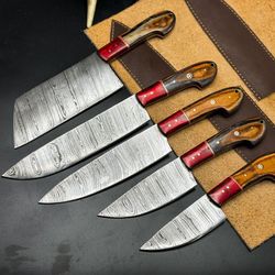 handmade damascus steel chef knife set of 5 | wooden bolster full tang knives with sheath