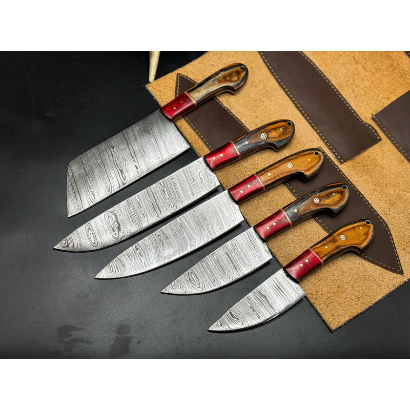 Handmade Damascus Steel Chef Knife Set Of 5 Wooden Bolster Full Tang Knives With Sheath 0