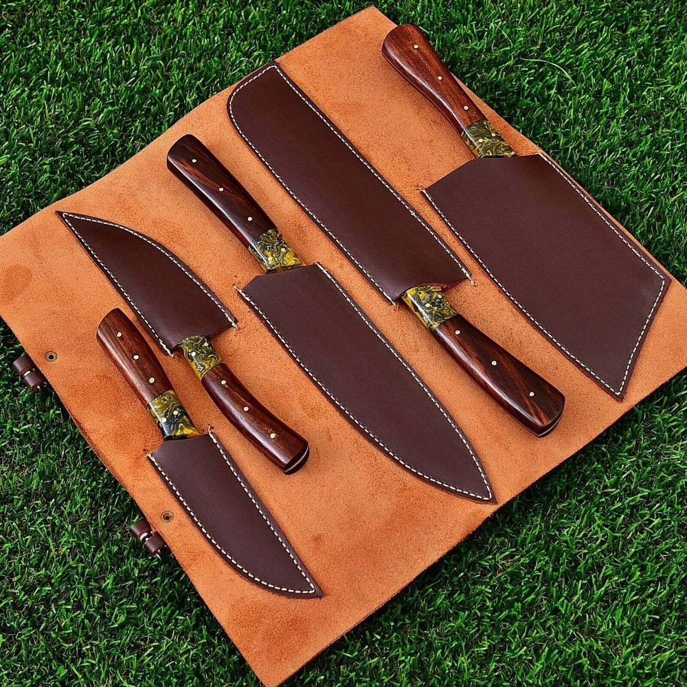 Custom Handmade Damascus Steel Chef Knife Set 5 Pc Kitchen Knives With Wood Acrylic Handles Leat 2