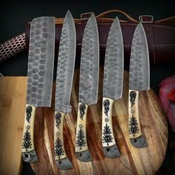 custom handmade damascus chef knife set with leather sheath | professional kitchen & outdoor cooking knives