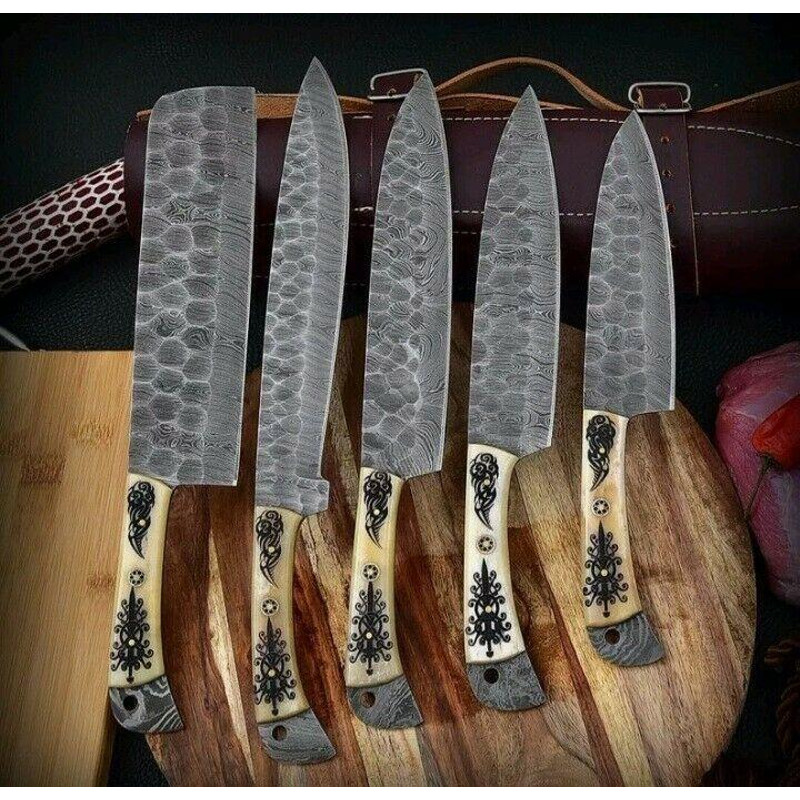 Custom Handmade Damascus Chef Knife Set With Leather Sheath Professional Kitchen Outdoor Cooking 0