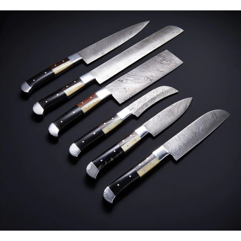 Custom Handmade Damascus Steel Chef Knife Set 6Piece Kitchen Knives With Bone Horn Wood Handles 2