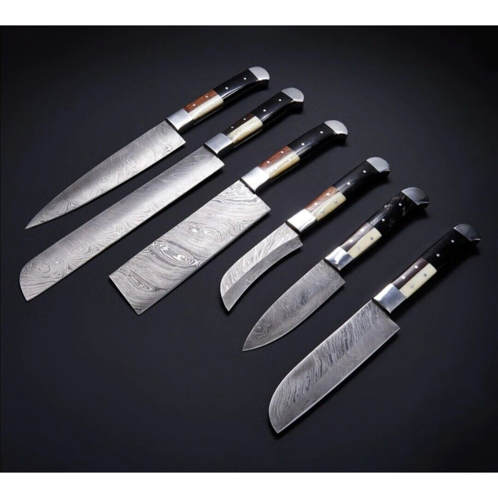Custom Handmade Damascus Steel Chef Knife Set 6Piece Kitchen Knives With Bone Horn Wood Handles 0