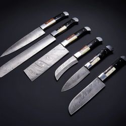 custom handmade damascus steel chef knife set | 6-piece kitchen knives with bone, horn & wood handles + leather roll