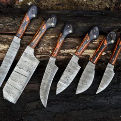 lot of 6 custom handmade damascus steel full tang chef knife set