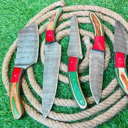 5-piece handmade damascus steel chef knife set | custom kitchen cutlery with wooden handles & leather sheath