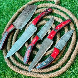 5-piece handmade damascus steel chef knife set | wooden handles with leather sheath | premium kitchen cutlery